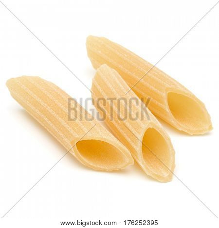 Italian pasta isolated on white background. Pennoni. Penne rigate.