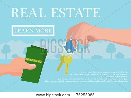 Vector real estate concept in flat style - businessmans hand giving keys and buyer give money, web banner, houses for sale or rent.