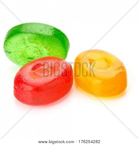 Three colorful fruit hard sugar candies,  boiled sweeties or sugar plums isolated on white background cutout