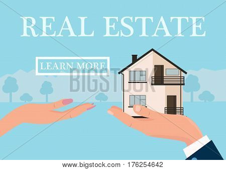 Vector real estate concept in flat style - businessmans hand giving house to buyer, web banner, houses for sale or rent