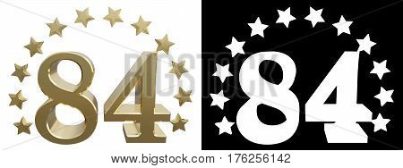 Gold number eighty four decorated with a circle of stars. 3D illustration