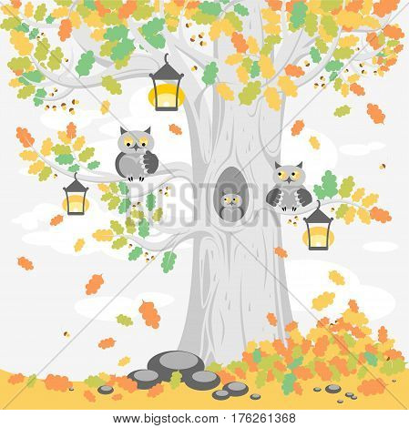 A family of owls on a tree in autumn, cute cartoon characters. Illustration for posters, banners, cards, and other design projects for children