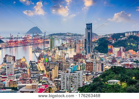 Keelung City, Taiwan skyline at twilight.