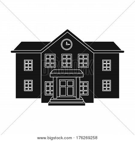 The main entrance of the institution . The school clock above the entrance.School And Education single icon in black style vector symbol stock web illustration.