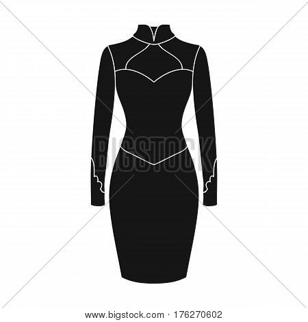 Strict two-color female dress to the knee. Dresses working style.Women clothing single icon in black style vector symbol stock web illustration.
