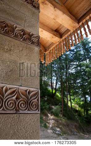 MANALI, INDIA. Tripura Sundari Temple, decorated with beautiful carvings. Naggar, district Kullu in Himachal Pradesh, India.