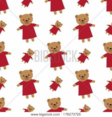 Endless texture with brown teddy bears and white background. Randomly placed soft toys for children wearing red dresses seamless pattern. Wrapping colourful paper for box and present decorating