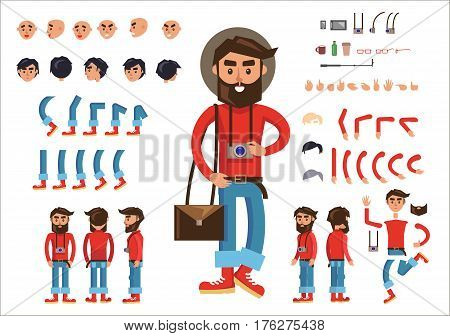 Photographer constructor poster with human parts and things on white. Vector colorful collection of standing male person with hanging camera in hat and signs of face emotions, bent legs and arms etc