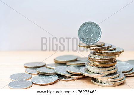 Yen coin on other coins pile for finance and business concept Selected focus. (Macro with blur and soft focus)