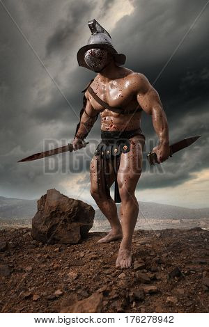 Rome gladiator attacking on drammatic outdoor nature