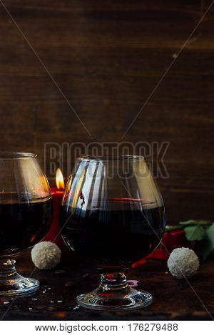 Romantic Dinner Drink - Wine Or Brendy In Glass.