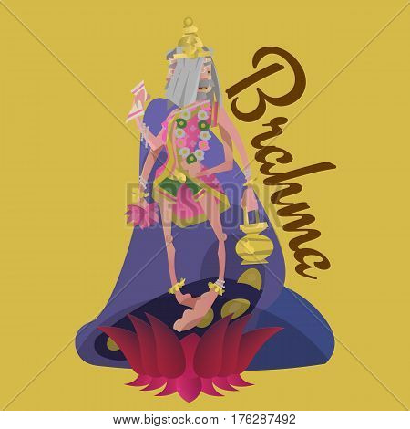 beautiful Brahma, born from a lotus isolated Indian Gods meditation yoga poses lotus and Goddess hinduism religion, traditional asian culture spiritual mythology vector illustrations, T-shirt concepts