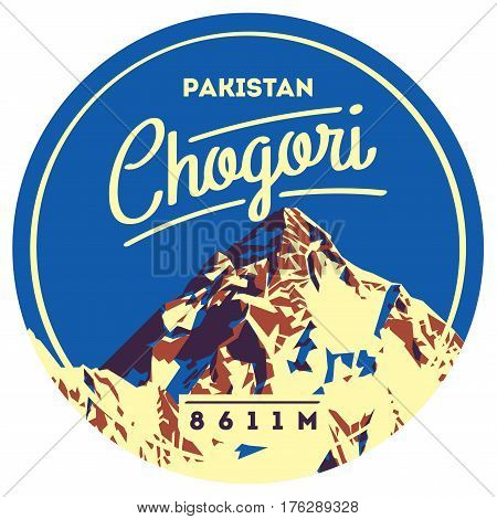 K2 in Karakoram, Pakistan outdoor adventure badge. Chogory mountain illustration. Climbing, trekking, hiking, mountaineering and other extreme activities logo template.