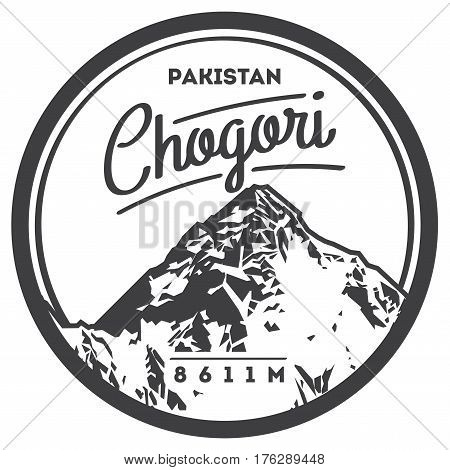 K2 in Karakoram, Pakistan outdoor adventure badge. Chogory mountain illustration. Climbing, trekking, hiking, mountaineering and other extreme activities logo template.