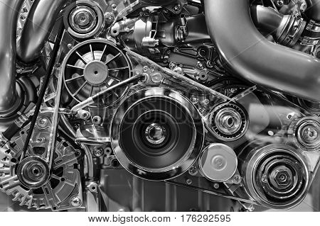 Car engine, concept of modern vehicle motor with metal, chrome, plastic parts, heavy industry, monochrome