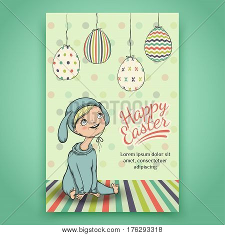 Beautiful Easter card with baby in cute bunny costume