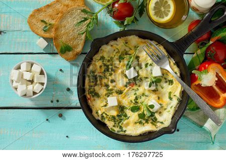 Breakfast Background. Scrambled Mish-mash With Paprika, Tomatoes And Feta Cheese. The Concept Of Hea