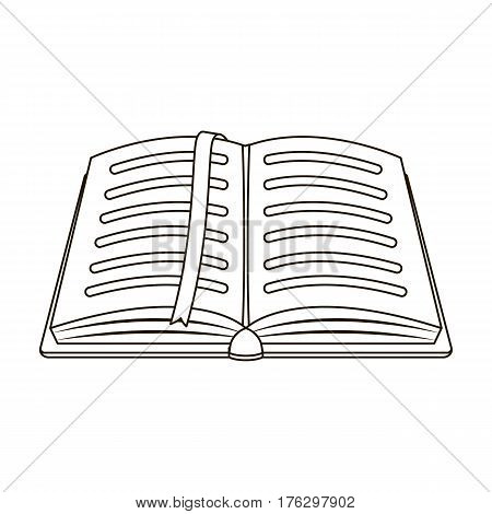 Opened notepad with pencil and pen in top view. Sketchbook or diary. Notebook with red bookmark. A notebook at school.School And Education single icon in outline style vector symbol stock web illustration.