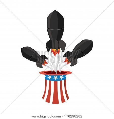 Missile Usa. Rocket Fly Of Hat Uncle Sam. American Air Bomb. America Defense Weapons