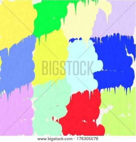 Abstract background of spots of blue and green and pink and yellow spreading paint light and dark throughout the drawing