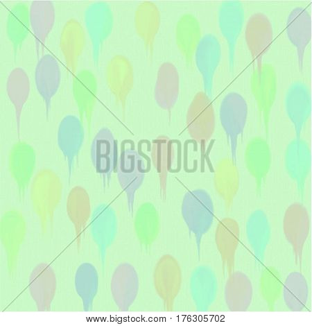 Abstract background of spots of blue and green and pink and yellow spreading paint light and dark throughout the drawing