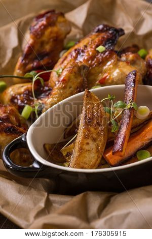 Spicy Chicken Wings with Hot Chili Jam Baked Potatoes and Purple Carrots