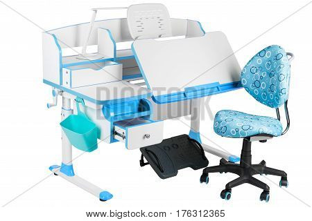 Blue chair school table blue basket desk lamp and black support under legs on the white isolated background.