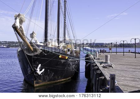 Halifax, Nova Scotia, September 23, 2015 -- Wide view of the nose of the tall ship Silva in the Halifax Harbor on a beautiful bright sunny day in Halifax, Nova Scotia
