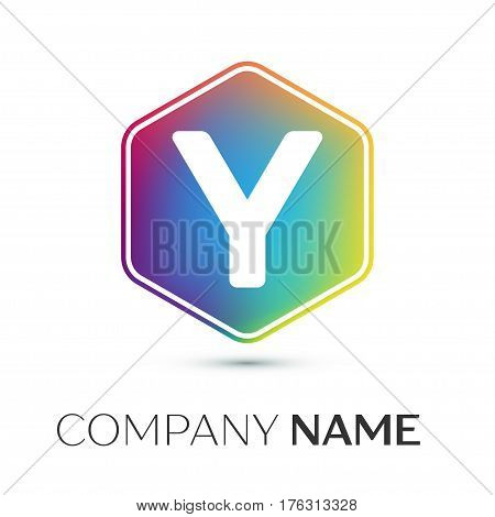 Letter Y vector logo symbol in the colorful hexagonal on grey background. Vector template for your design