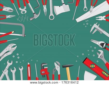 Working tools on green table - do it yourself project background. Vector illustration