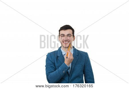 self development.Businessman smiling and holding a pencil to his face isolated on white background.