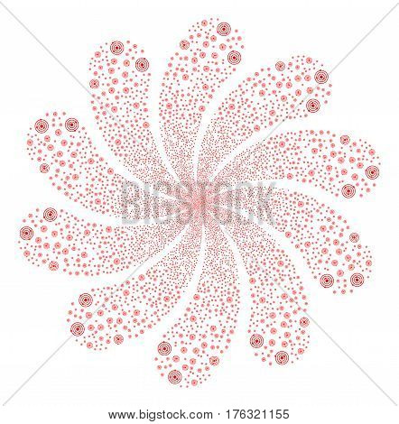Solar System fireworks swirl flower with ten petals. Vector illustration style is flat red scattered symbols. Object whirl constructed from random icons.