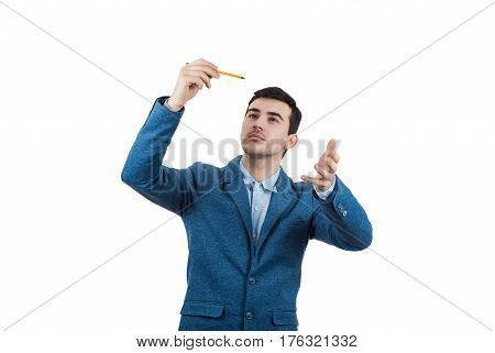 Creative Businessman Trying to develop an idea isolated on white.
