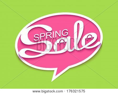 Spring sale. Sale banner with calligraphic inscription in comic speech bubble. Vector illustration made in paper cut out style.