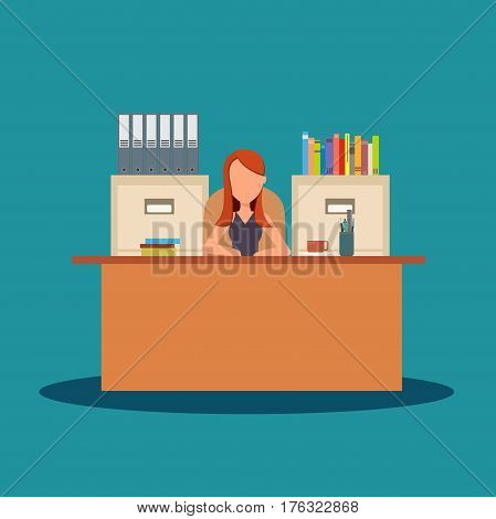 Business woman character working in office. A woman in office sitting at desk. Workplace, office desk. Vector flat stock.