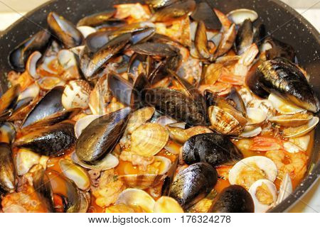 Italian typical food mixed seafood with mussels and clams