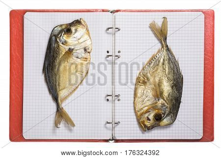 Two dried fish selene on sheets of a notebook