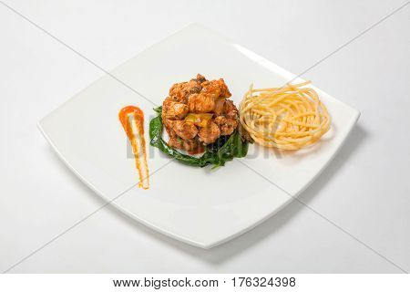 Fried Chicken In Sweet And Sour Sauce With French Fries.