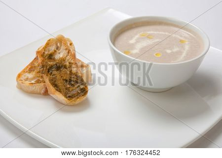 Soup Puree Mushrooms In A Deep White Plate