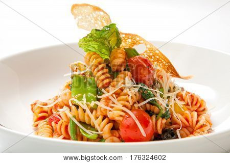 Pasta In Tomato Sauce With Fried Vegetables
