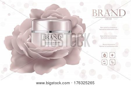 Moisturizing cosmetic products ad, light bokeh background with beautiful containers and watery texture in 3d illustration