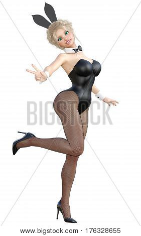 Bunny Girl. Sexy woman long legs in black fishnet tights. Black swimsuit and shoes. 3D render illustration