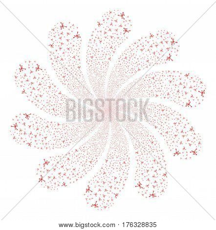 Big Bang fireworks swirl flower with ten petals. Vector illustration style is flat red scattered symbols. Object whirlpool done from random pictograms.