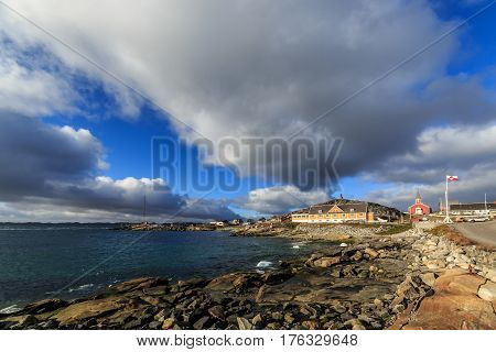 View From The Old Harbor, Church Of Our Saviour And Greenlandic Flag In The Background, Historical C