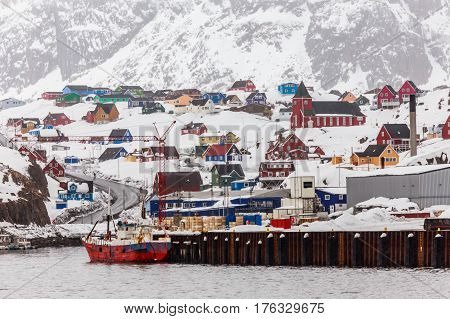 Colorful Houses And Church On The Hill, Sisimiut City Panorama From Seaside, Greenland