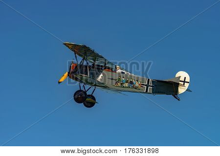 RHINEBECK NY - SEPTEMBER 25 2016: The Aerodrome Air Show Team perform a show with the World War I plane Fokker D.VII (Reproduction) at Old Rhinebeck Aerodrome