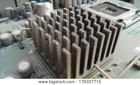 A closeup look of a motherboard of a computer