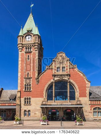 Colmar, France - 18 July, 2014: building of the Colmar railway station. Colmar is the third-largest commune of the Alsace region in north-eastern France, renowned for its well preserved old town, numerous architectural landmarks and museums.