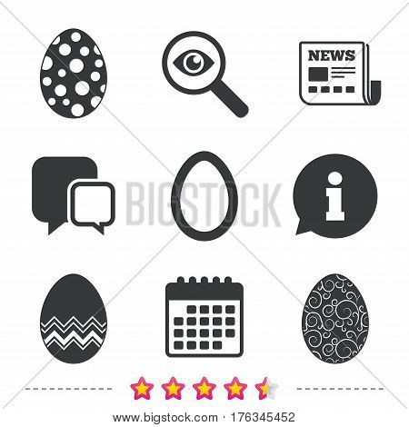 Easter eggs icons. Circles and floral patterns symbols. Tradition Pasch signs. Newspaper, information and calendar icons. Investigate magnifier, chat symbol. Vector