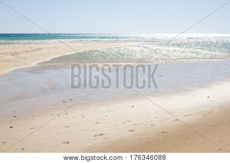 Incredible view of Costa Calma beach, blue lagoon. Playa Barca, Fuerteventura, Canary islands, Spain